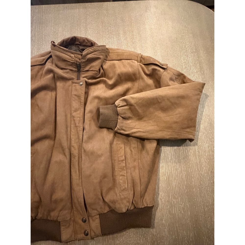 Cayenne Men's L Brown Genuine Leather Bomber Jacket Ribbed Cuffs Zip Snap EUC